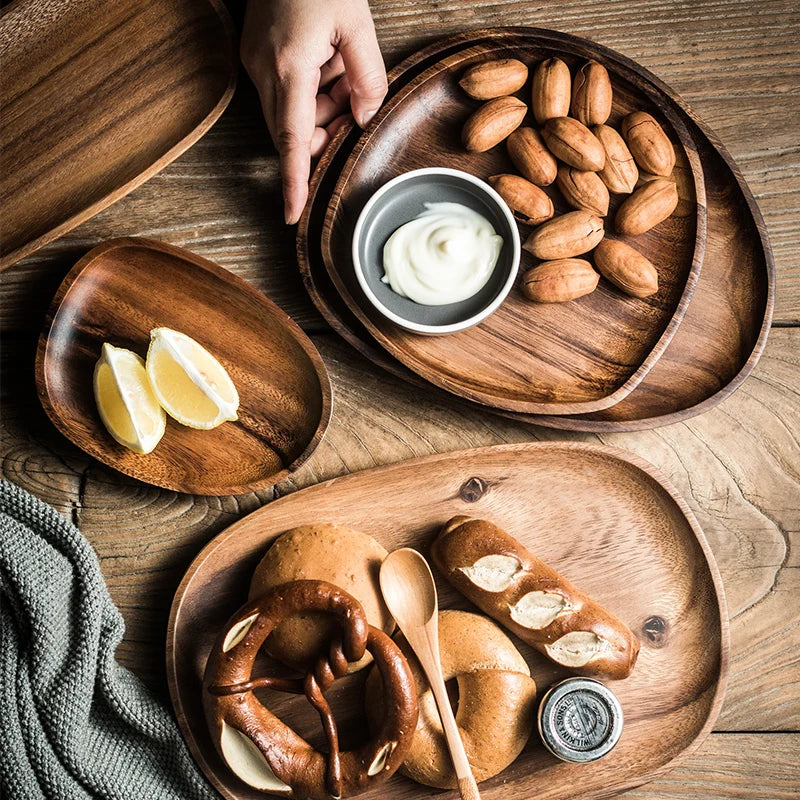 1/5pcs Lovesickness Wood Irregular Oval Solid Wood Pan Plate Fruit Dishes Saucer Tea Tray Dessert Dinner Plate Tableware Set